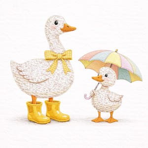 Puede incluir: Ilustración de dos patos. Un pato grande lleva un lazo amarillo y botas de agua amarillas. Un patito más pequeño sostiene un paraguas de colores pastel. Los patos son blancos con picos y patas naranjas.