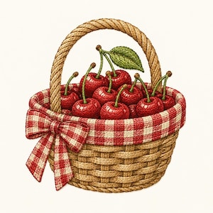 May include: A basket brimming with red cherries. The basket features a red and white gingham lining and a matching bow. A woven handle arches over the top. A green leaf and stems are visible.