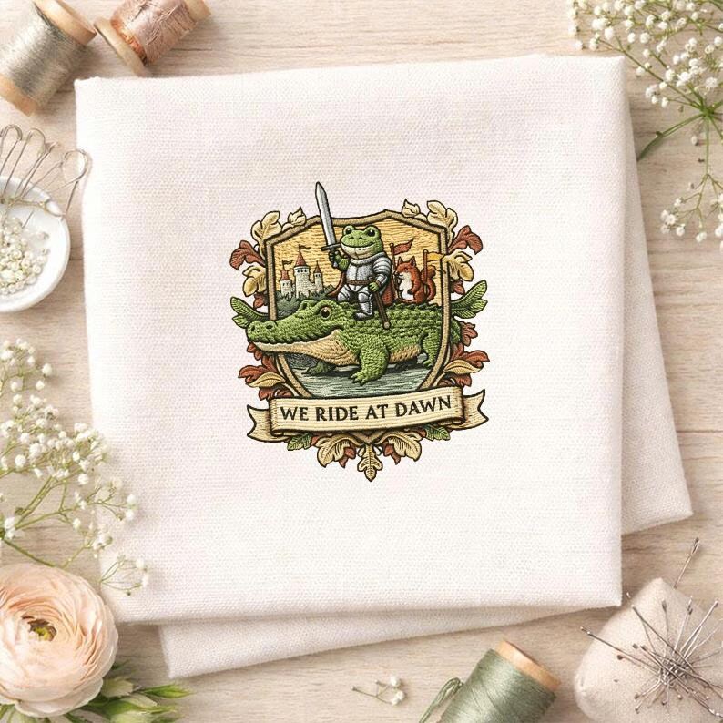 We Ride at Dawn Embroidery Design Frog Riding Crocodile Funny Meme ...