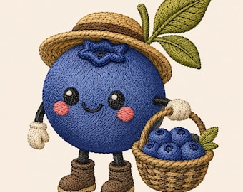 Cute Blueberry Harvest Embroidery Design, Kawaii Berry with Basket, Summer Fruit Machine Embroidery File, Summer Blueberry Art, PES DST JEF