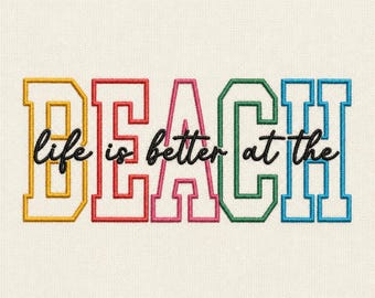 Beach Embroidery Design Retro Sunset, Life is Better at the Beach Quote, Summer Coastal Stitch File, Vintage Beach Typography