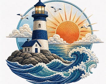 灯台の夕日刺繍デザイン、海岸の海の風景刺繍ファイル、航海ビーチPES DST JEFダウンロード、夏の刺繍、ビーチシーン
