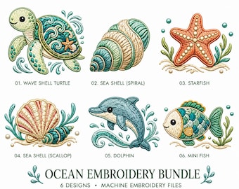 海の刺繍デザインバンドル、ウミガメ、イルカ、貝殻、ヒトデ、魚の刺繍ファイル、海洋刺繍、かわいいミニマルステッチデザイン