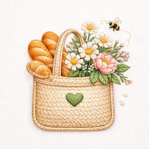 May include: Embroidered image of a woven basket filled with golden-brown baguettes and a bouquet of daisies, pink roses, and greenery. A small bee flies nearby. The basket has a green heart on the front.