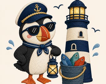キャプテン・パフィン刺繍デザイン、航海用パフィン灯台ファイル、海岸の鳥の刺繍、海辺の夏のステッチパターン、即時ダウンロード