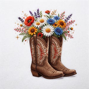 May include: A pair of brown cowboy boots embroidered with red and white designs, overflowing with a vibrant bouquet of colorful flowers. The arrangement includes red poppies, daisies, sunflowers, and blue flowers, creating a cheerful, country-themed image.