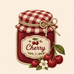 May include: A jar of cherry preserves with a red and white checkered lid and a decorative label. The label reads "Cherry" and is adorned with cherry and floral illustrations. Fresh cherries and leaves are arranged around the jar.