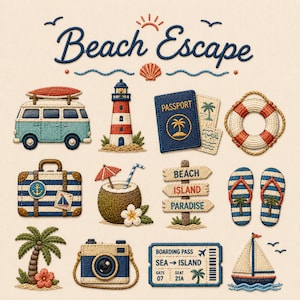 May include: An illustration with a beach theme, featuring a blue and white van with a surfboard, a lighthouse, a passport, a life preserver, a suitcase, a coconut drink, a sign that says "Beach Island Paradise", flip-flops, a palm tree, a camera, a boarding pass, and a sailboat. The text "Beach Escape" is at the top.