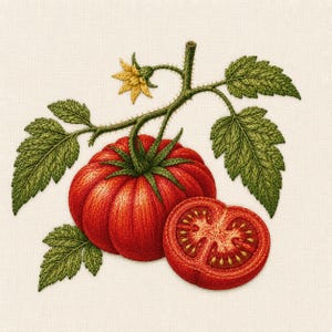 Broderidesign med arvstomater, vintagetomatstygnsmönster, broderifil med botaniska grönsaker, köksdekor i lantlig stil PES DST