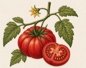 Heirloom Tomato Embroidery Design, Vintage Tomato Stitch Pattern, Botanical Vegetable Embroidery File, Farmhouse Kitchen Decor PES DST