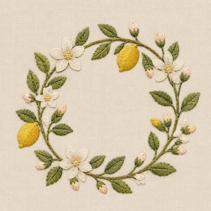 Può includere: Ghirlanda ricamata con limoni, fiori bianchi, foglie verdi e boccioli. Il disegno è ambientato su uno sfondo di tessuto color crema. La ghirlanda ha un design circolare, con i limoni e i fiori distribuiti uniformemente.