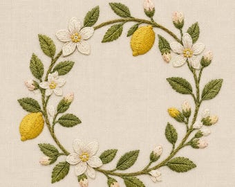 レモンの花のリース刺繍デザイン、柑橘系の花柄フレーム刺繍ファイル、レモンのモノグラムリース、植物柄PES DST EXP