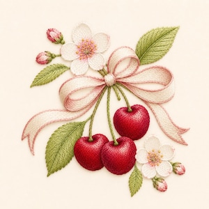 May include: Embroidered artwork featuring three ripe red cherries with green stems, surrounded by white blossoms, green leaves, and a pink and white ribbon. The design is set against a cream-colored background.