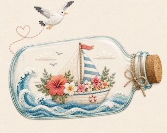 Sailboat in Bottle Embroidery Design, Coastal Ocean Floral Boat File, Nautical Summer Machine Embroidery Pattern, Beach Bottle Art