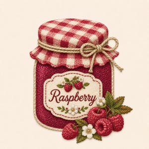 May include: A jar of raspberry jam with a red and white checkered lid, tied with twine. The label reads "Raspberry" and is decorated with embroidered raspberries and flowers. Fresh raspberries and leaves are arranged around the jar.