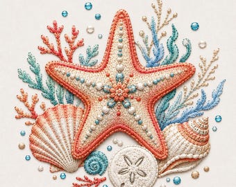 ヒトデの貝殻刺繍デザイン、海岸のビーチ刺繍ファイル、海の貝殻ミシン刺繍パターン、航海をテーマにした夏のステッチアート
