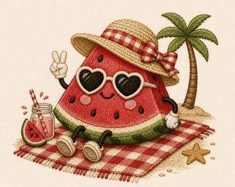 かわいいスイカの刺繍デザイン、かわいい夏のピクニック刺繍ファイル、帽子をかぶった面白いスイカ、ビーチフルーツの機械刺繍、PES DST