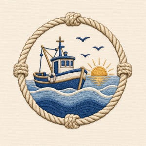 Può includere: Un ricamo raffigurante un peschereccio blu e bianco su acqua blu increspata, incorniciato da un bordo circolare in corda color beige. La scena include un sole giallo che sorge all'orizzonte e tre piccoli uccelli blu scuro nel cielo.
