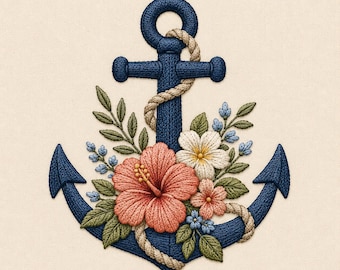 Floral Anchor Embroidery Design, Nautical Flower Embroidery File, Coastal Marine Anchor Pattern, Beach House Machine Embroidery Download