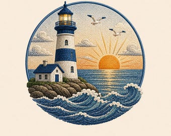 灯台の夕日刺繍デザイン、海岸の海の風景刺繍ファイル、航海ビーチPES DST JEFダウンロード、夏の刺繍、ビーチシーン