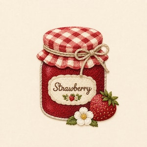 May include: Embroidered image of a jar of strawberry jam with a red and white checkered lid. The jar has a label that reads "Strawberry" with a strawberry and flower design. A single strawberry and flower are next to the jar.