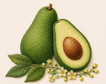 アボカドの刺繍デザイン、リアルなアボカドの果実ファイル、植物のアボカドの機械刺繍パターン、緑のキッチン刺繍アート
