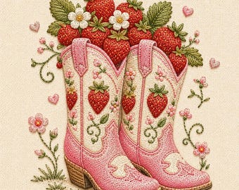 Strawberry Cowboy Boots Embroidery Design, Pink Western Boots Embroidery File, Coquette Cowgirl Stitch Pattern, Floral Strawberry Boots
