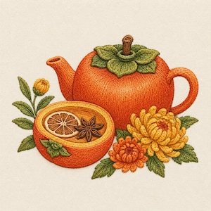 May include: An embroidery design featuring an orange teapot shaped like a persimmon with green leaves, accompanied by a halved orange containing a star anise, and surrounded by yellow and orange chrysanthemum flowers with green leaves.