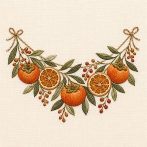 Persimmon and Orange Garland Machine Embroidery Design, Autumn Fruit Botanical Swag, Instant Download,  Autumn Stitch Pattern