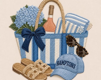 Coastal Beach Tote Embroidery Design, Hamptons Summer Bag Embroidery File, Preppy Beach Vacation Pattern, PES DST