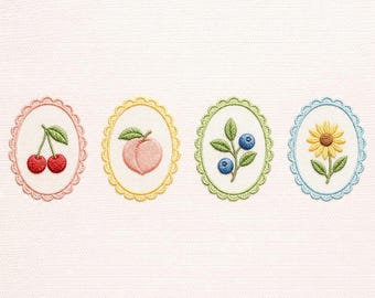 かわいいミニ刺繍バンドル、フルーツ＆フラワーオーバルフレームデザイン、チェリー、ピーチ、ブルーベリー、ヒマワリのミシン刺繍ファイル