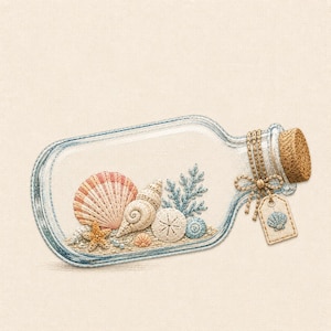 May include: An embroidered glass bottle with a cork stopper, containing seashells, sand, and coral. A tag with a seashell design hangs from the bottle. The embroidery features pink, beige, blue, and brown threads, creating a nautical theme.