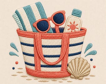 Beach Tote Bag Embroidery Design, Summer Vacation Sunglasses Sunscreen Seashell, Coastal Machine Embroidery Digital File