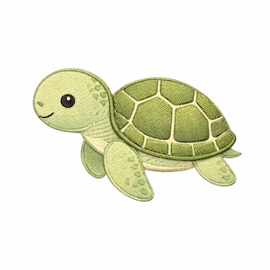 May include: A light green embroidered sea turtle patch. The turtle has a smiling face, a textured shell, and is in a swimming pose. The patch is designed with various shades of green and white, and is set against a white background.