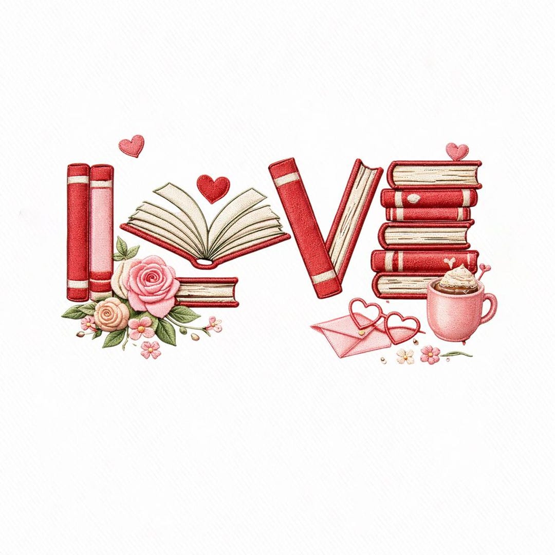 Lover Book Texture Love Books Embroidery Design, Floral Bookworm Digital File, Heart Book ...
