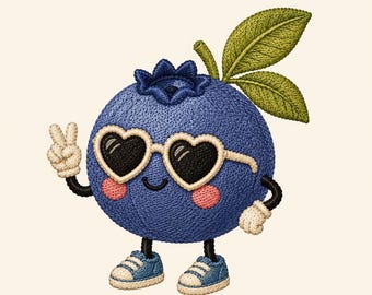 かわいいブルーベリーの刺繍デザイン、かわいいベリーのミシン刺繍ファイル、面白いフルーツキャラクターの刺繍、夏のブルーベリーアート、PES DST JEF