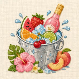 Op de afbeelding: Geborduurd beeld van een zilveren ijsemmer gevuld met ijsblokjes, een roze fles en diverse vruchten, waaronder watermeloen, aardbeien, sinaasappels, kersen en limoen. Een roze hibiscusbloem en perzikschijfjes zijn ook afgebeeld.