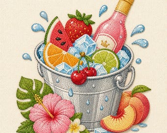 Summer Cocktail Bucket Embroidery Design, Tropical Fruit Drink Embroidery File, Champagne Ice Bucket Machine Embroidery Pattern