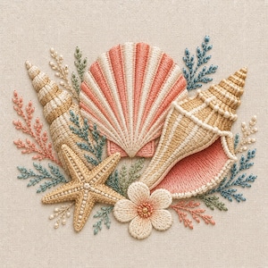 Può includere: Un ricamo su tessuto beige chiaro che raffigura una capasanta rosa e bianca, due conchiglie a spirale color sabbia, una stella marina a cinque punte e un piccolo fiore color crema, circondati da delicati rametti di filo verde, blu e rosa.