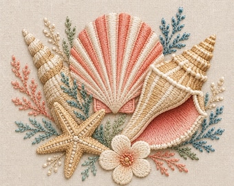 貝殻ビーチ刺繍デザイン、海岸海の貝殻刺繍ファイル、ヒトデの夏模様、ミシン刺繍PES DST