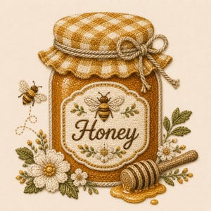 May include: An embroidered jar of honey with a yellow and white gingham lid cover tied with a rope bow. The label features a bee illustration and the text Honey. A wooden honey dipper rests below, surrounded by white flowers and a flying bee.