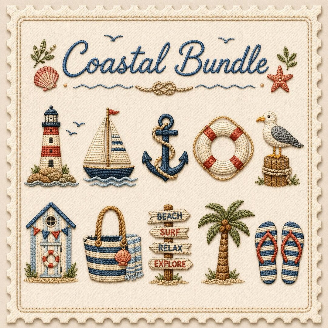 Beach Embroidery Bundle, Coastal Summer Embroidery Designs, Seashell ...
