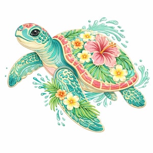 Puede incluir: Ilustración detallada de una tortuga marina con caparazón y aletas turquesas. El caparazón está decorado con flores rosas, amarillas y naranjas y hojas verdes. Salpicaduras de agua rodean la tortuga.