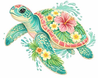Floral Sea Turtle Embroidery Design: Tropical Hibiscus Flowers Machine Embroidery Digital File, Instant Download DST JEF PES