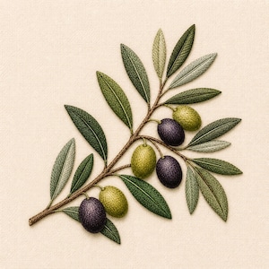 May include: An embroidered olive branch with green and purple olives and detailed leaves. The branch is brown, and the background is a light beige fabric. The olives are a mix of green and purple, and the leaves are various shades of green.