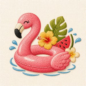 May include: Embroidered design of a pink flamingo pool float with a black beak and closed eyes. The float is surrounded by embroidered water droplets, a yellow hibiscus flower, a green leaf, a slice of watermelon, and a white flower.