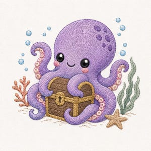 Può includere: Illustrazione di un polpo viola che tiene un forziere marrone. Il polpo ha grandi occhi e guance rosa. Coralli, alghe, bolle e una stella marina completano la scena sottomarina.