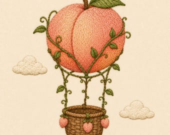 Peach Hot Air Balloon Embroidery Design, Whimsical Peach Balloon Machine Embroidery File, Cute Fantasy Fruit Stitch Pattern