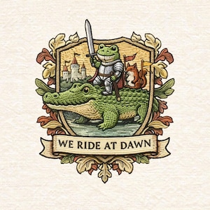 We Rid At Dawn Stickdatei Frosch reitet Krokodil Lustiges Meme, Tier Maschinenstickdatei - DST PES JEF, Größe 5