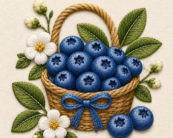 Blueberry Basket Embroidery Design, Cottagecore Berry Embroidery File, Summer Fruit Stitch Pattern, Floral Blueberry Art, PES DST JEF